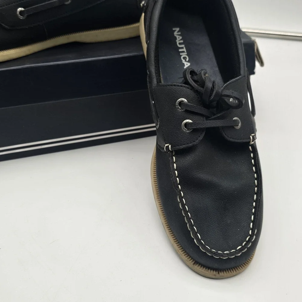 Nautica Boat Shoes Men Size 9.5 Navy Blue Tan‎ Stitching Nueltin Comfort Lace Up